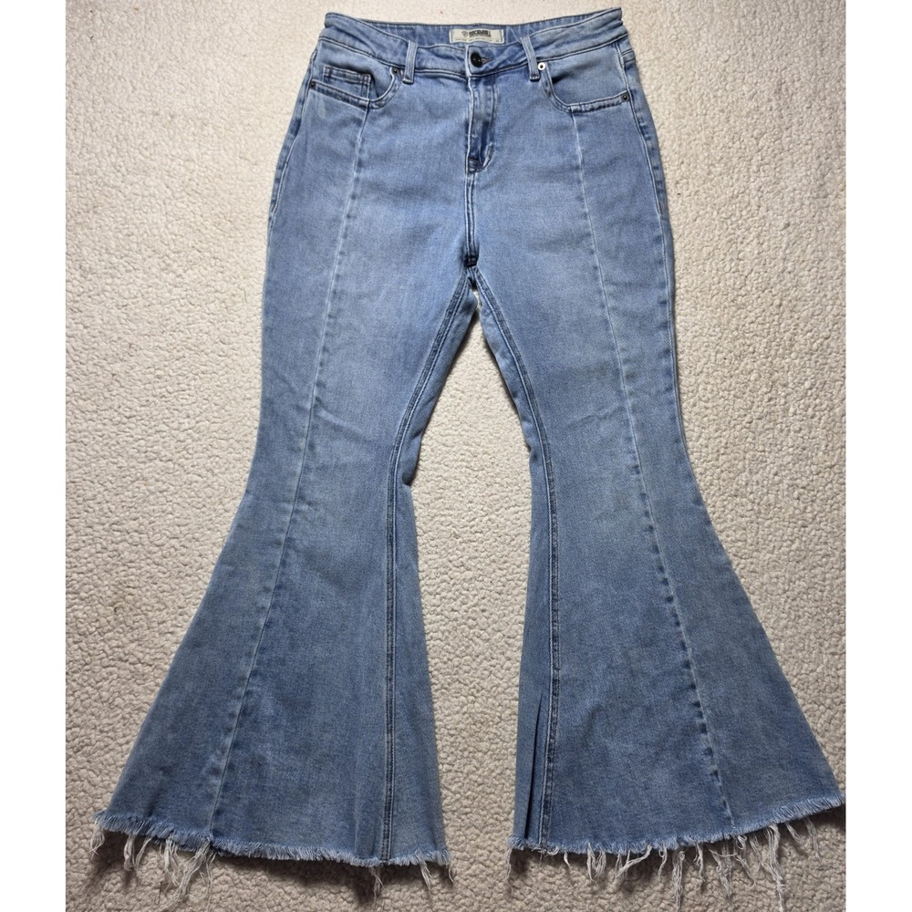 Rock & Roll Denim Womens High Rise Bell Bottom Jeans Light Wash Raw Hem W34 L30
